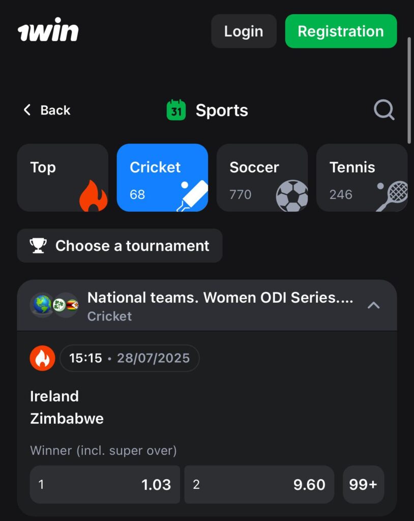 Cricket betting on 1win India