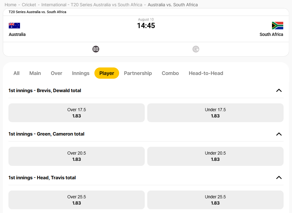 AUS vs SA Player Bets